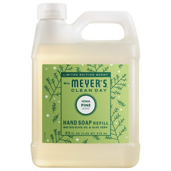 Mrs. Meyer's Iowa Pine refill bottle close-up showing festive pine scent and 33 oz size.
