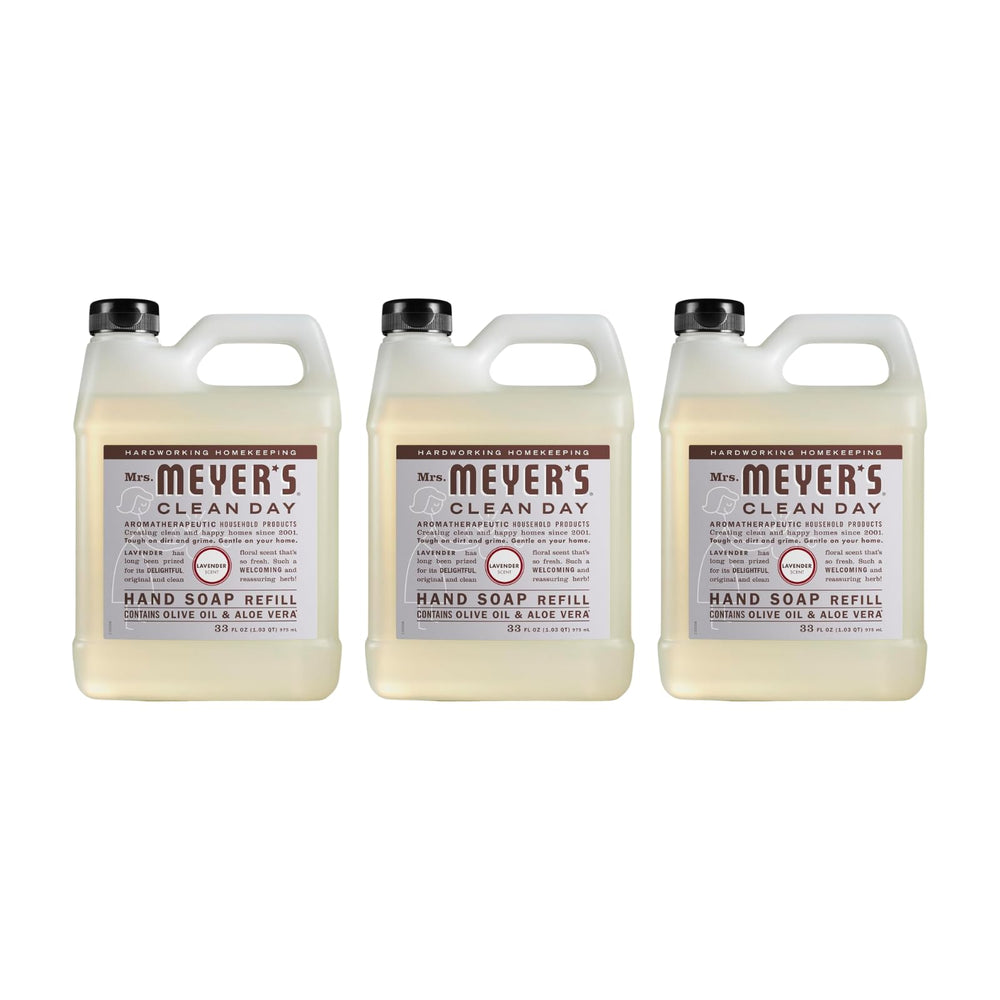 Mrs. Meyer's Lavender hand soap bottle on the sink for gentle cleansing.