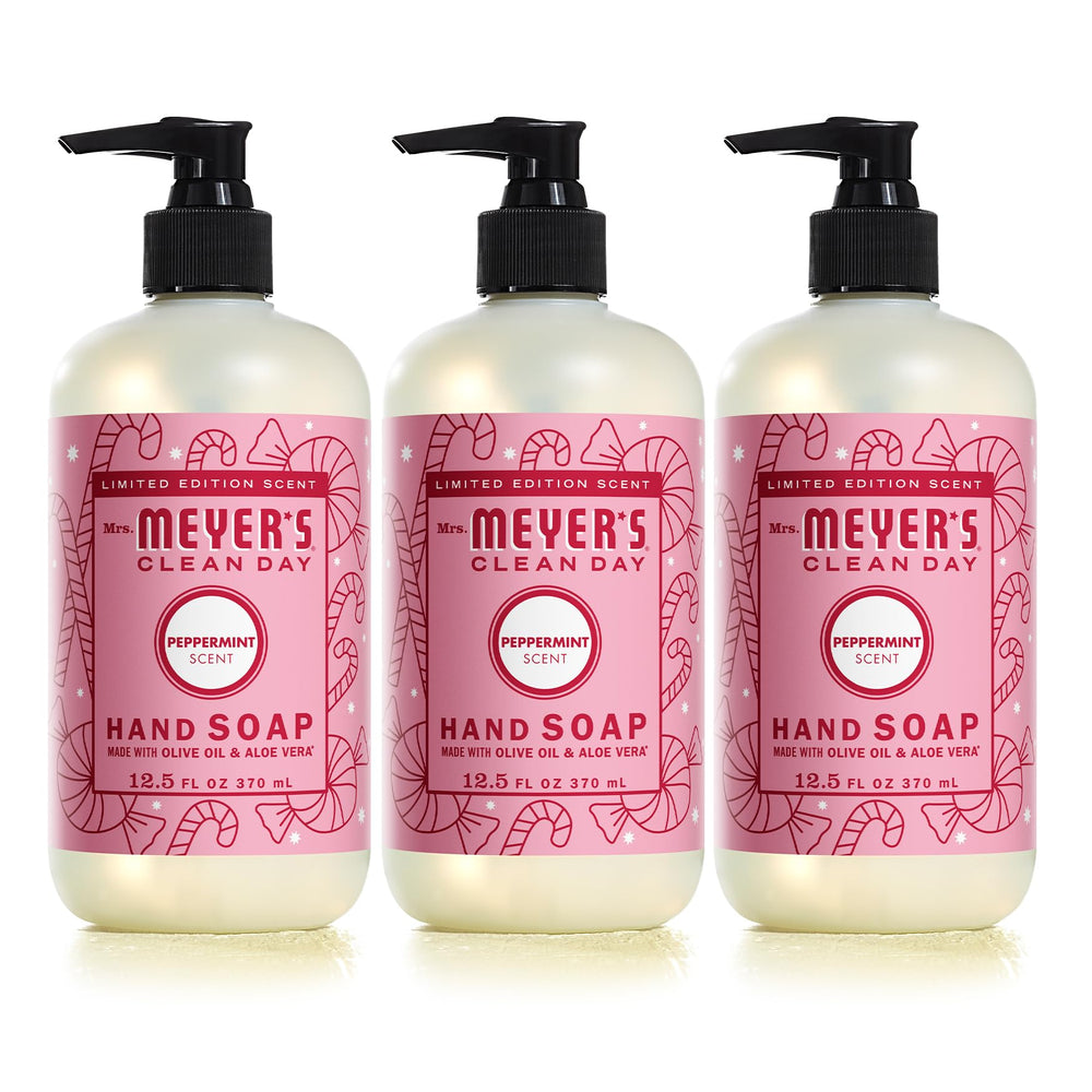 Mrs. MEYER'S Peppermint hand soap bottle offers a refreshing cleansing experience