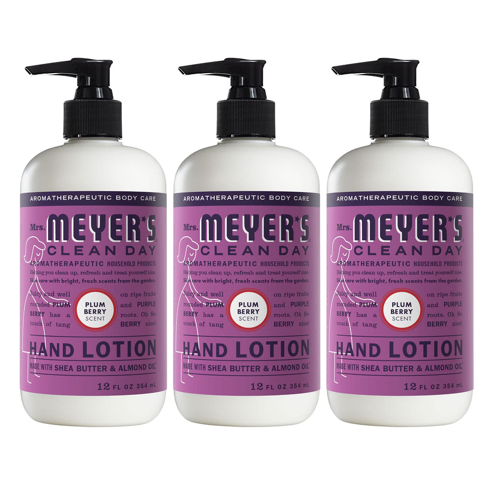 Mrs. Meyer's Plum Berry hand lotion bottle showing soothing moisture for dry hands