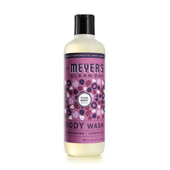 Mrs. Meyer’s Plumberry body wash bottle on sink for daily hydration