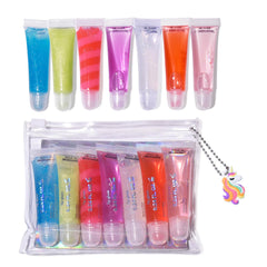 MU Make You Up Sparkle Lip Gloss Set with handbag, 7 flavors, adds playful shine for celebrations.