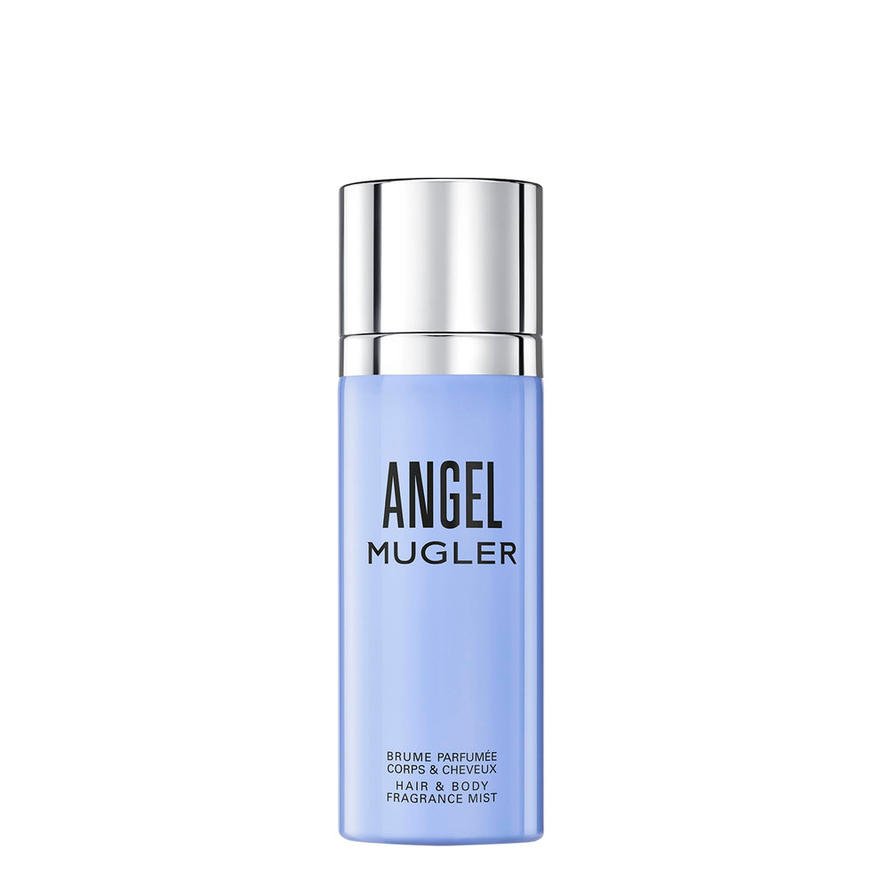 Mugler Angel Hair & Body Mist bottle releasing a light, lasting scent.