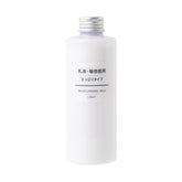 MUJI Sensitive Skin Refreshing Type bottle close-up, showing a gentle, hydrating feel.