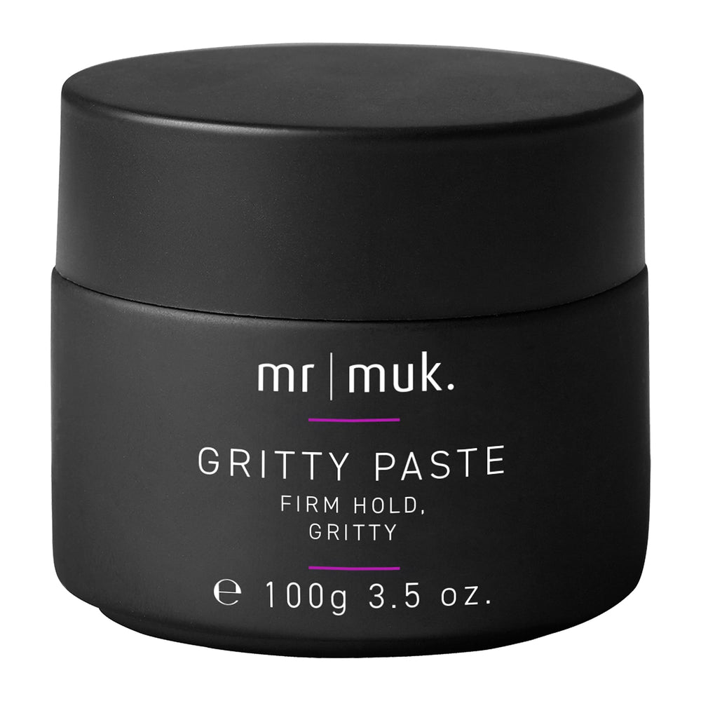 Mr MUK Strong Hold Gritty Finish Paste jar shows rugged hold for textured styles.