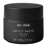 Mr MUK Strong Hold Gritty Finish Paste jar shows rugged hold for textured styles.