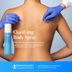 Murad Clarifying Body Spray label closeup highlights salicylic acid formula.