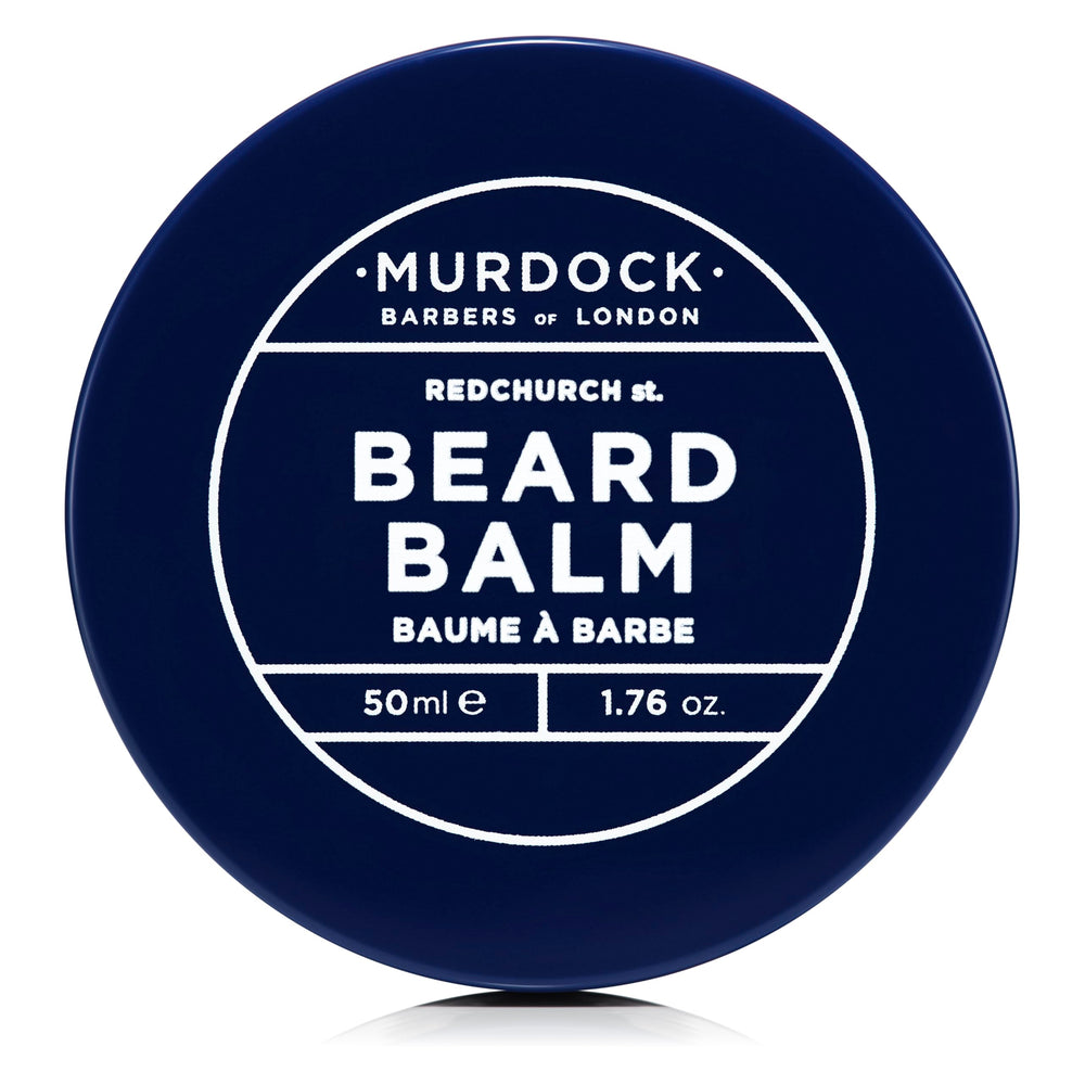 Murdock London beard balm jar close-up showing smooth, nourished beard-ready finish.