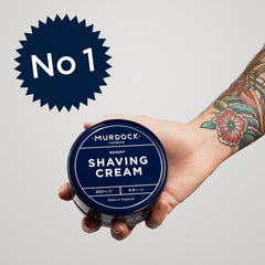Clean-label packaging of Murdock London shaving cream highlights ingredients.