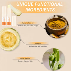 MUREND Turmeric Lip Balm on lips with a subtle pink tint and smooth finish