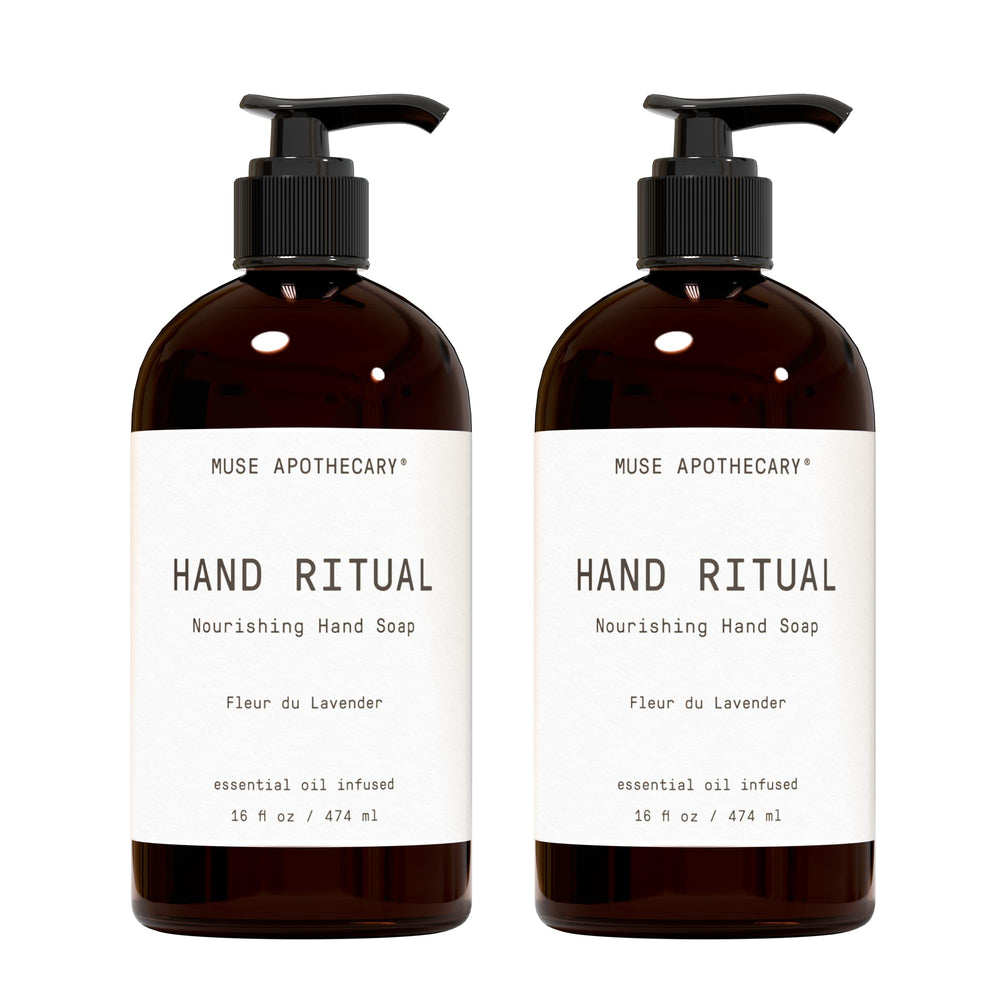 Muse Apothecary Hand Ritual pour bottle highlights calming lavender aroma for a mindful wash.