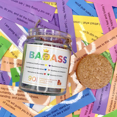 Musemory Badass Affirmation Jar with cards fanned for daily motivation