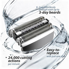Muyfguo 52S blade detail featuring floating 3-blade system for closer shaving.