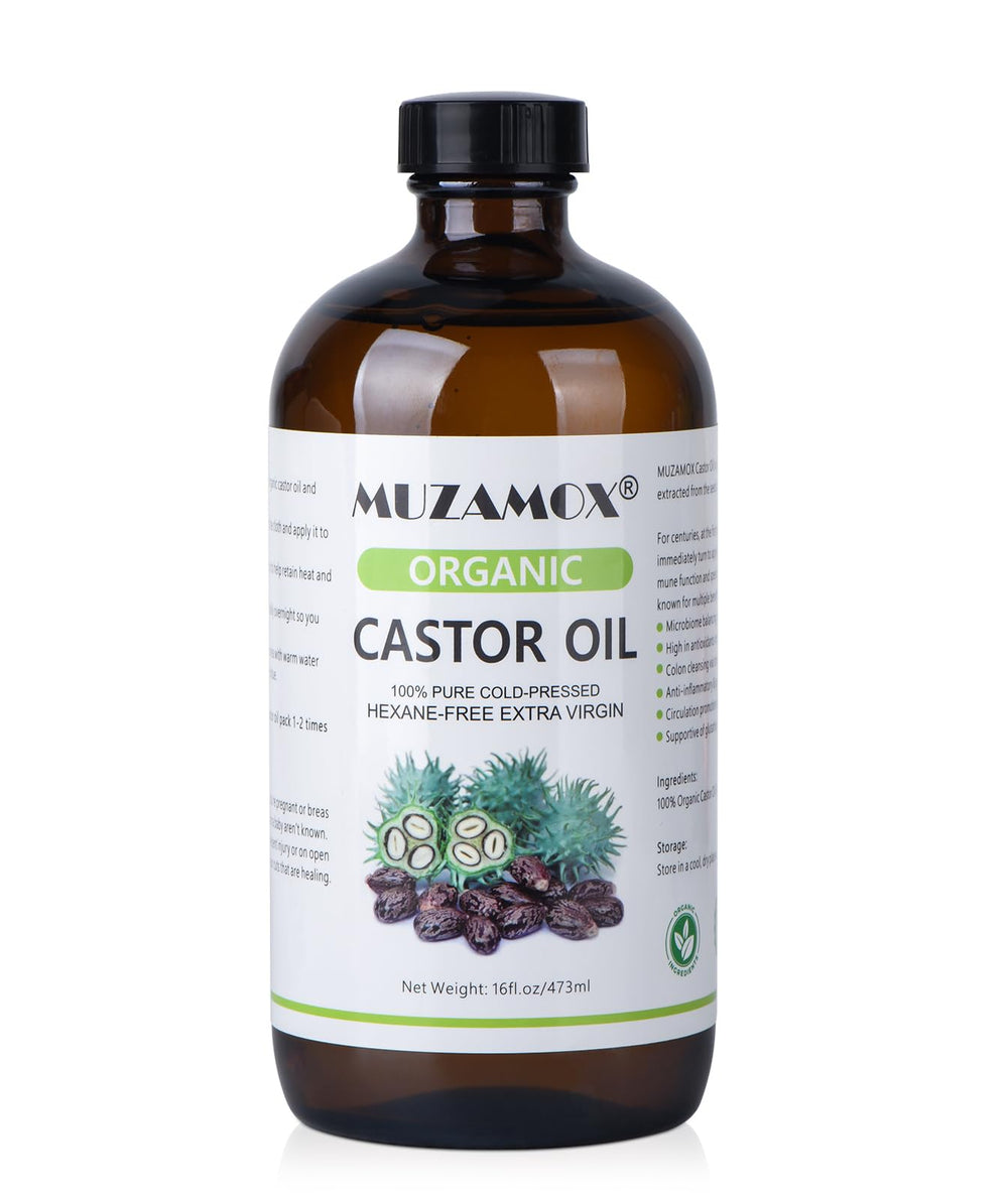 MUZAMOX Castor Oil bottle in amber glass for purity and hexane-free storage.