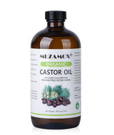 MUZAMOX Castor Oil bottle in amber glass for purity and hexane-free storage.