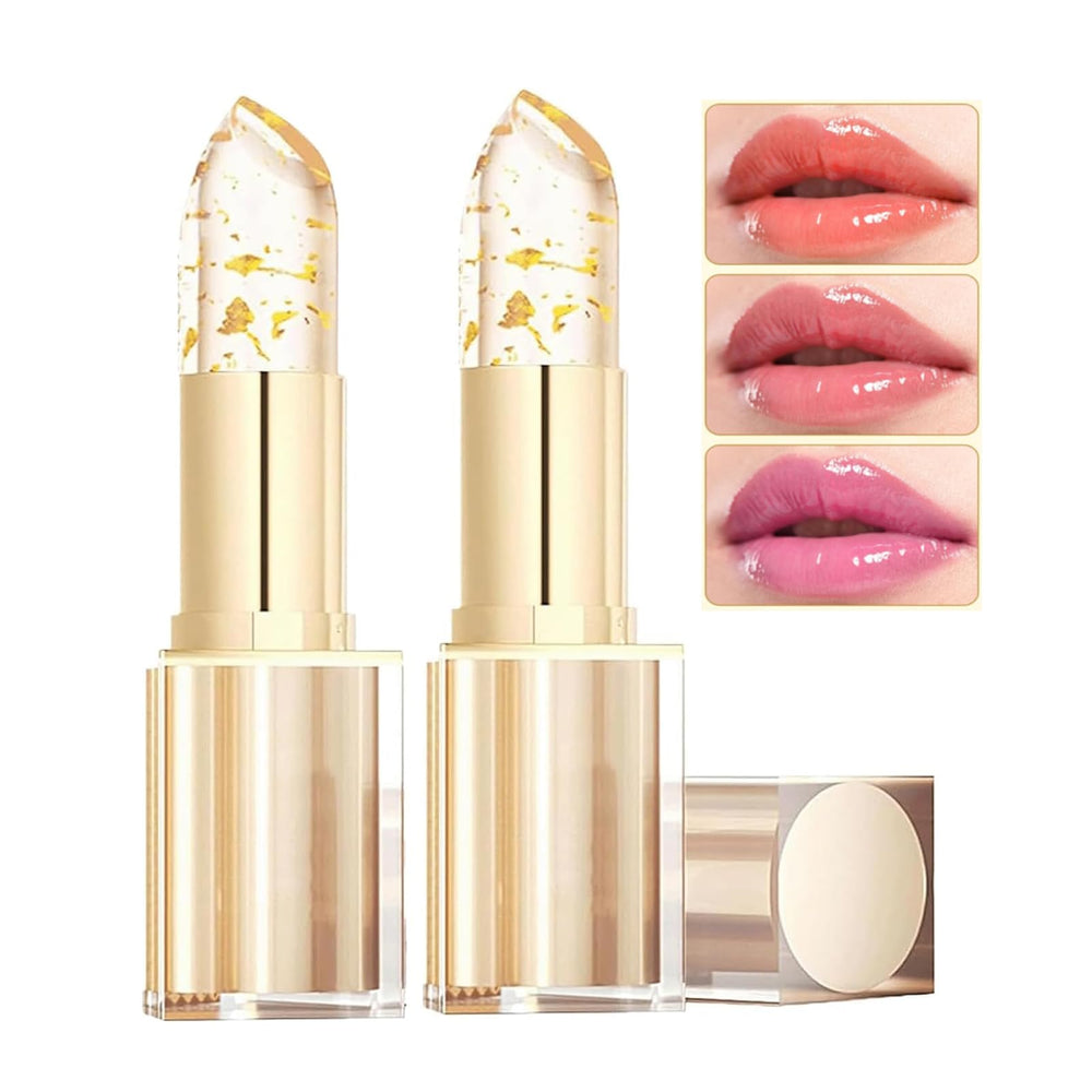 MVC color-changing lipstick with gold crystal cap shows a personalized shade on lips.