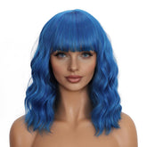 Mxayhnajxl blue wig with bangs, 14-inch short style for daily wear.