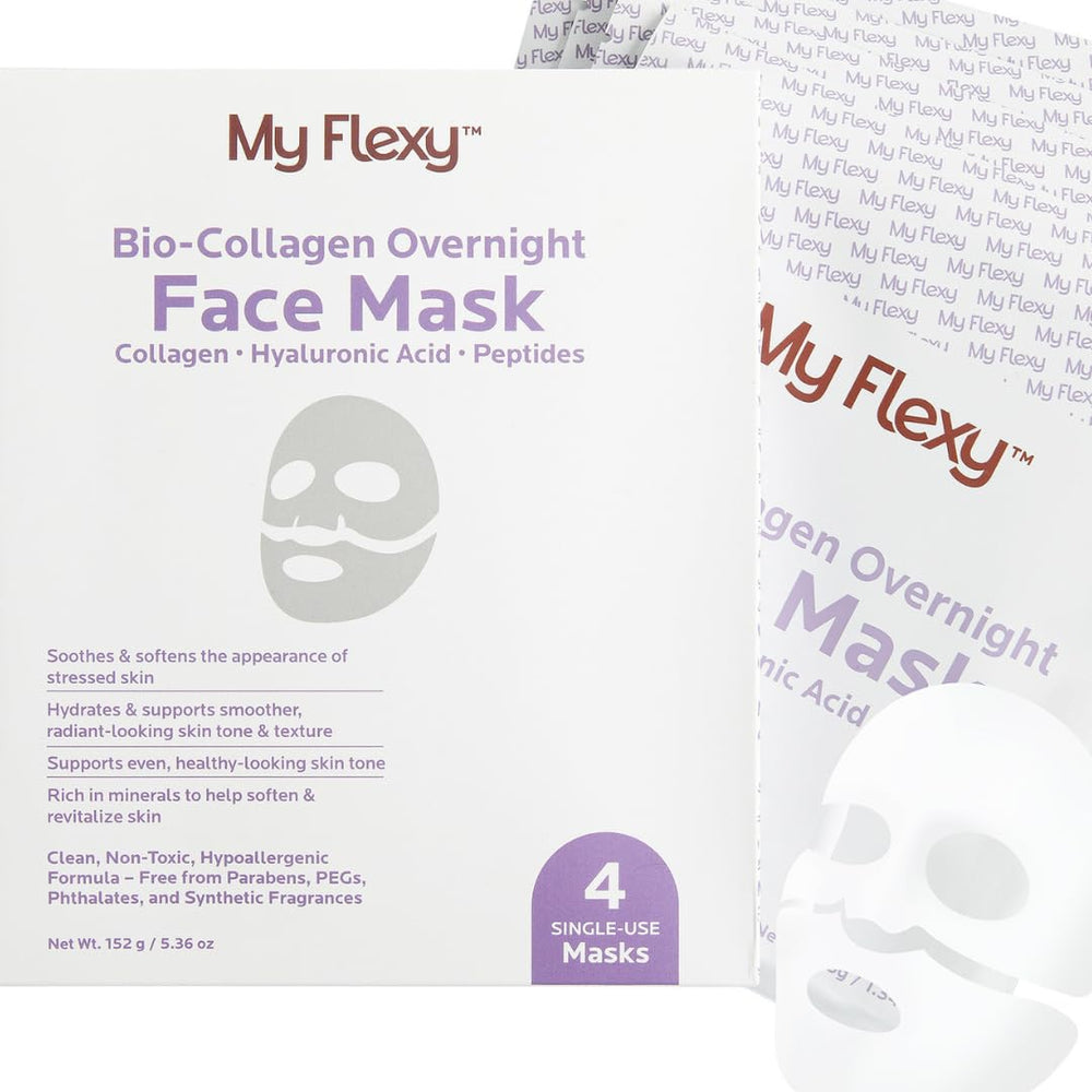 My Flexy Bio Collagen Overnight Mask packaging shows a four-pack for convenient routine