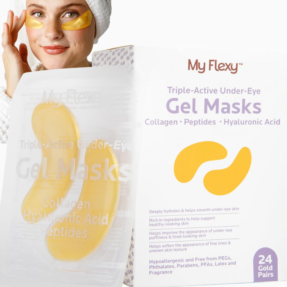 My Flexy under-eye patches in gold soothe puffiness and refresh tired eyes.
