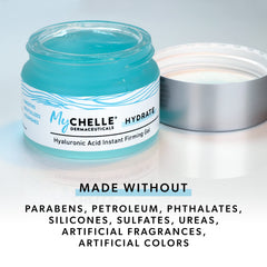 MyChelle Instant Firming Gel texture close-up highlights a smooth, plumping feel.