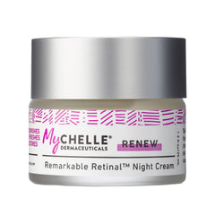 MyChelle Retinal Night Cream jar label close-up highlighting retinal formula for nightly care.