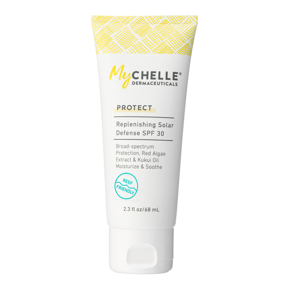 MyCHELLE Solar Defense SPF 30 tube front view showing reef-safe sunscreen