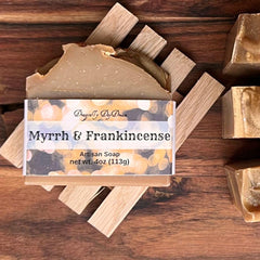 Close-up of gold mica line on Myrrh & Frankincense soap for a luxurious bath.