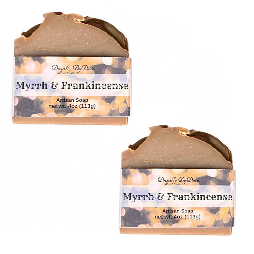 Myrrh & Frankincense artisan soap bar with gold ecoglitter, a luxurious top view for your bath.