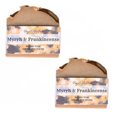 Myrrh & Frankincense artisan soap bar with gold ecoglitter, a luxurious top view for your bath.