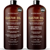 MYSTÉRE BEAUTÉ castor oil shampoo bottle with peppermint promises cooling scalp hydration.