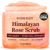 Mystère Beauté Himalayan Salt Scrub with rose oil exfoliates for an even skin tone.