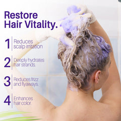 Close-up of purple conditioner applying texture and shine on hair