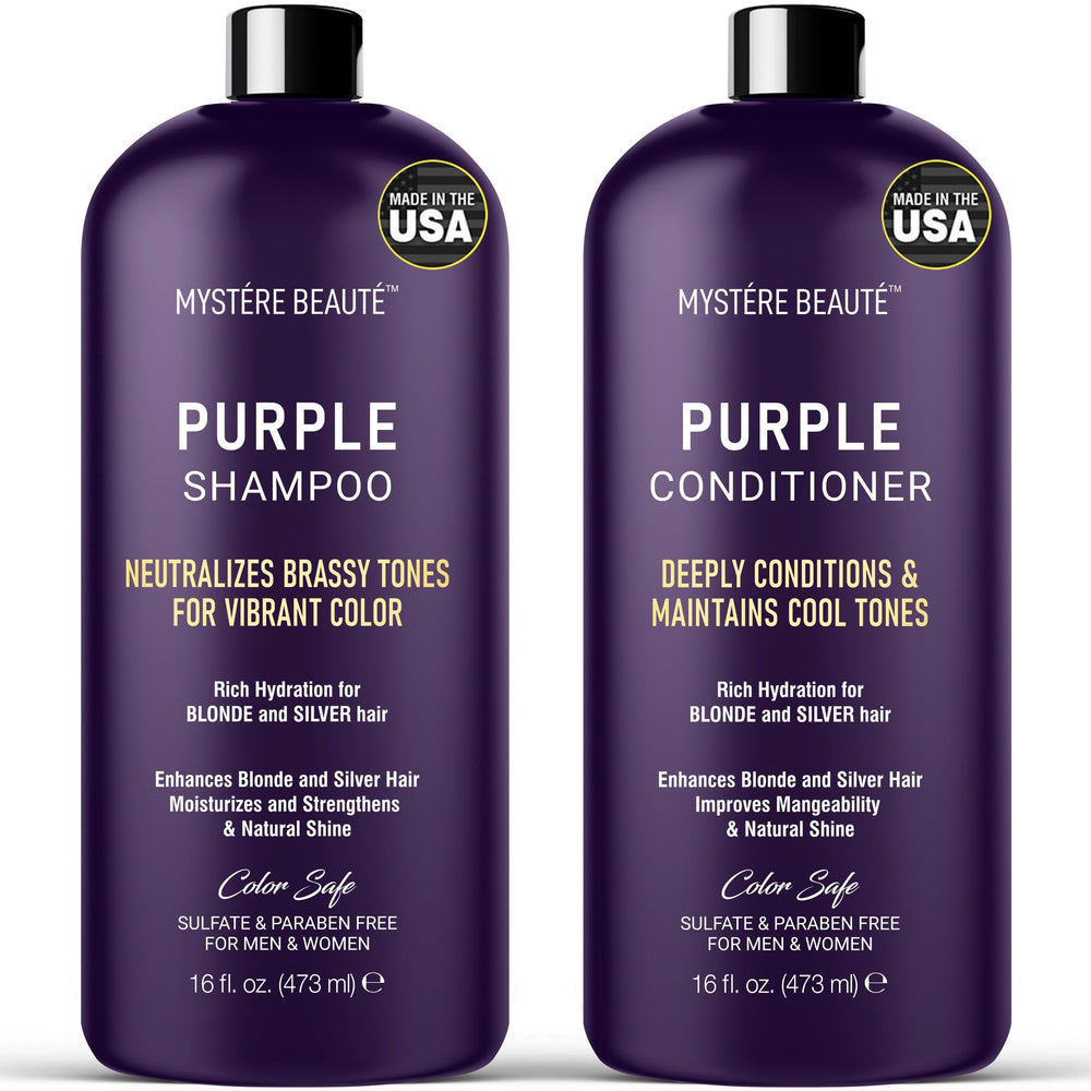 MYSTÉRE BEAUTÉ purple shampoo bottle showing color-depositing action for blondes and silvers