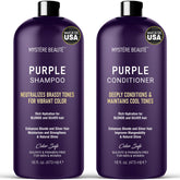 MYSTÉRE BEAUTÉ purple shampoo bottle showing color-depositing action for blondes and silvers