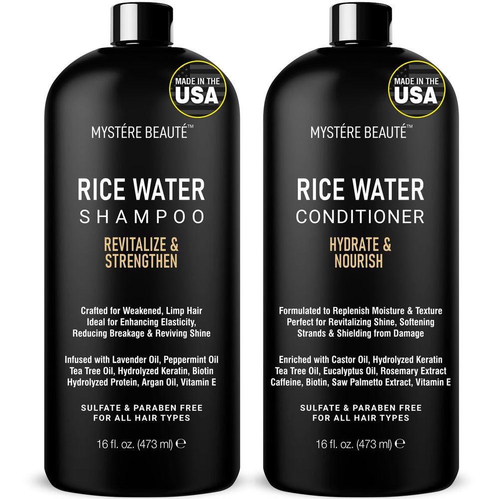 MYSTÉRE BEAUTÉ Rice Water Shampoo bottle on a shelf promoting stronger hair