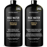 MYSTÉRE BEAUTÉ Rice Water Shampoo bottle on a shelf promoting stronger hair