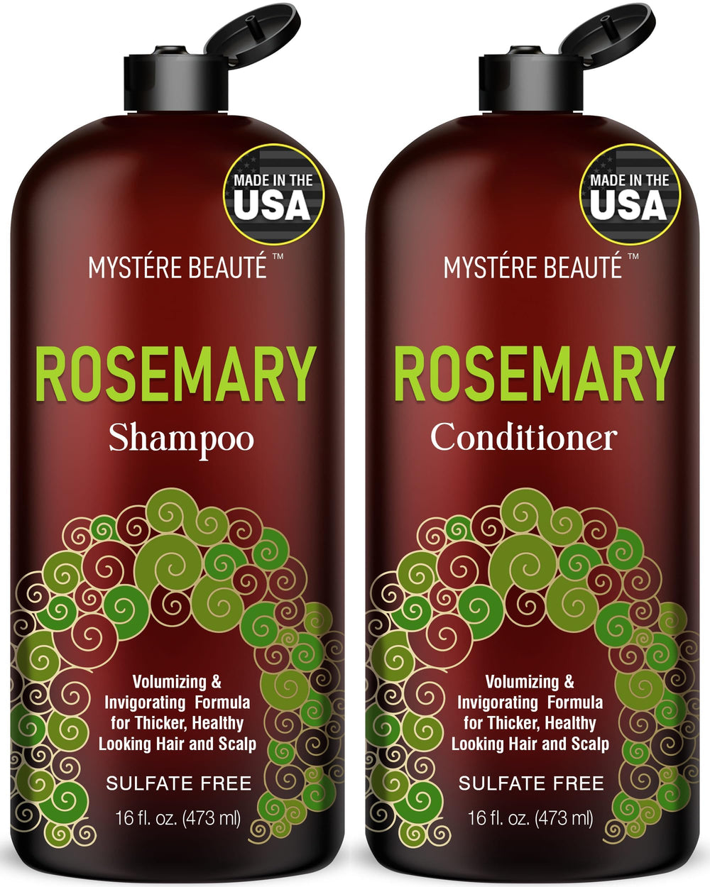 Mystère Beauté rosemary shampoo bottle highlights sulfate-free formula for refreshed scalp