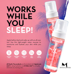 Mystic Tan Wake-Up Tan applied to face and body for a silky, refreshed look.
