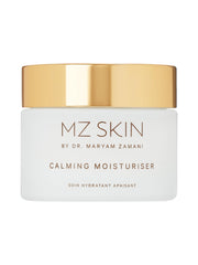 MZ Skin Calming Moisturizer jar closeup showing fragrance-free soothing formula for sensitive skin