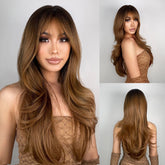 N NAYASA light brown wig with bangs offers effortless daily styling.