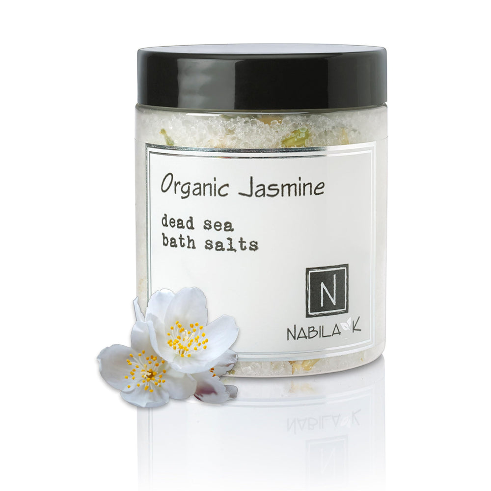 Nabila K Organic Jasmine Bath Salts jar close-up highlighting jasmine aroma and hydration.