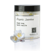 Nabila K Organic Jasmine Bath Salts jar close-up highlighting jasmine aroma and hydration.