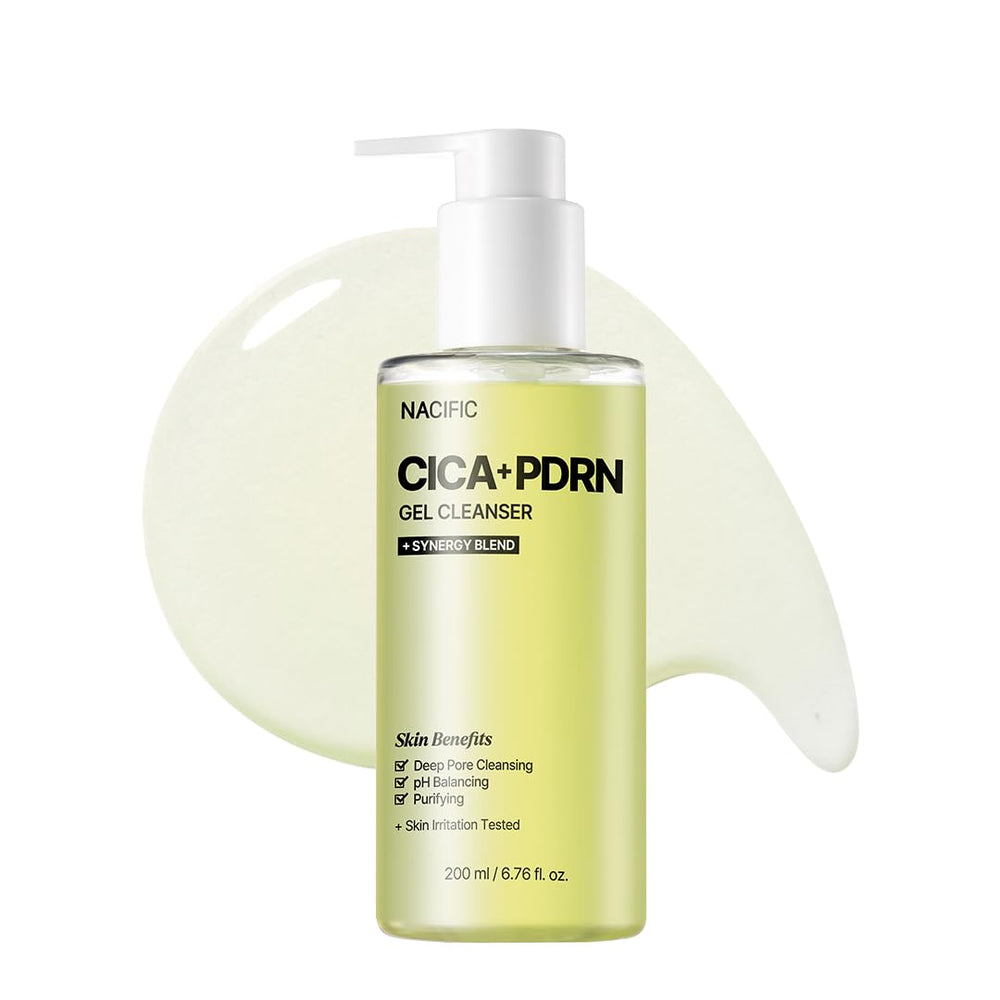 NACIFIC Cica PDRN gel cleanser bottle closeup showing soothing Centella benefits