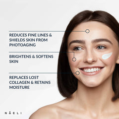 Close-up of NAELI face moisturizer texture showing a creamy, lightweight finish.