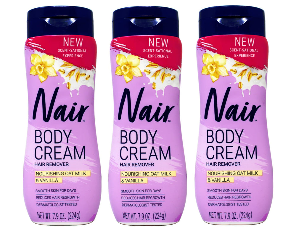 Nair Body Cream Hair Remover package with oat milk and vanilla for smooth skin.