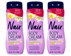 Nair Body Cream Hair Remover package with oat milk and vanilla for smooth skin.