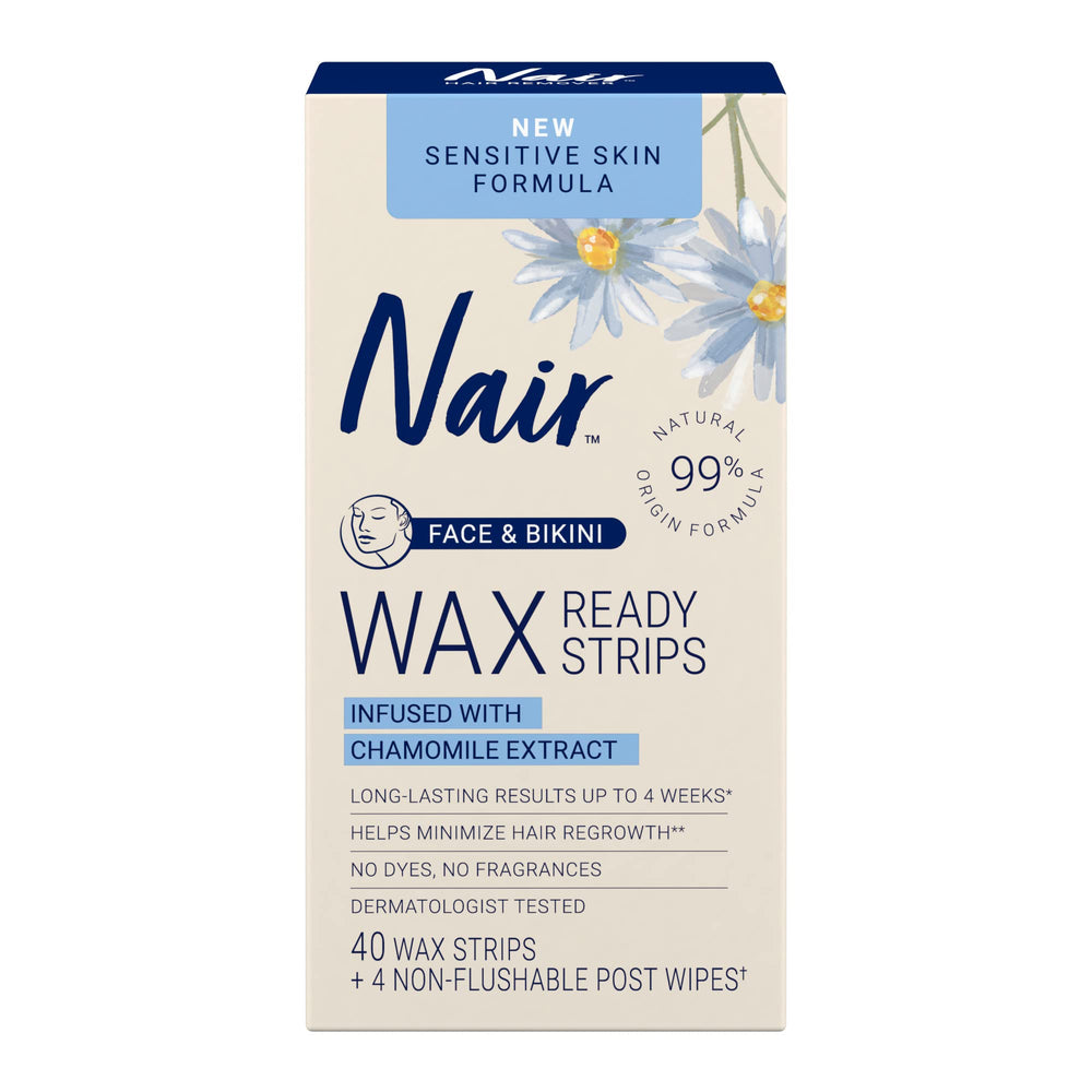 Nair Sensitive Wax Ready Strips box front for quick face and bikini hair removal.
