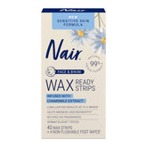 Nair Sensitive Wax Ready Strips box front for quick face and bikini hair removal.