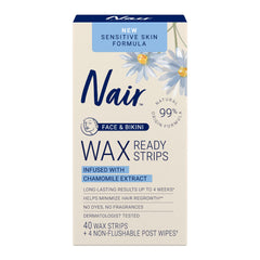 Nair Sensitive Wax Ready Strips box front for quick face and bikini hair removal.