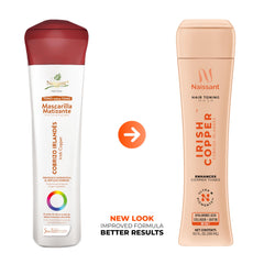 Deep copper tone result shown on hair strands with Naissant mask